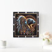 先住民スピリットと熊の発光デザイン スクエア壁時計 (ホーム)