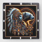 先住民スピリットと熊の発光デザイン スクエア壁時計 (正面)