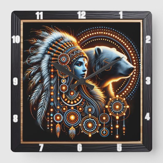 先住民スピリットと熊の発光デザイン スクエア壁時計 (正面)