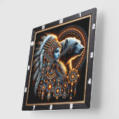 先住民スピリットと熊の発光デザイン スクエア壁時計 (傾斜)