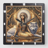 先住民スピリットのパス:聖なる火の光 スクエア壁時計 (正面)