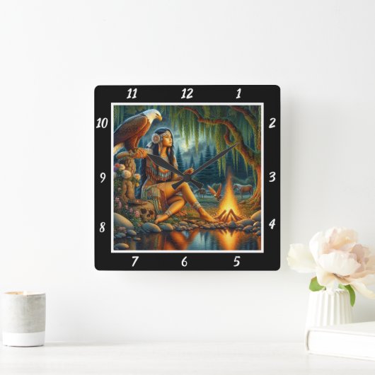 先住民スピリット:イーグルの翼の森の息 スクエア壁時計 (ホーム)