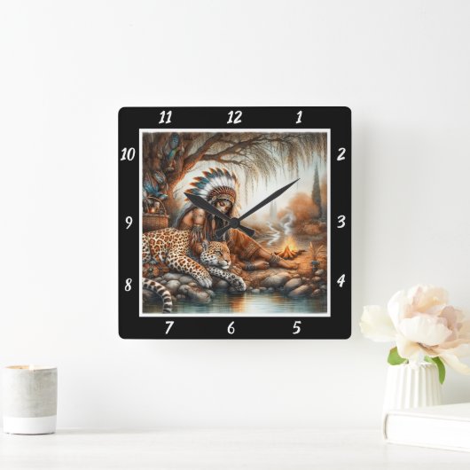 先住民スピリット：タイガーのハートストーンズウィスパー スクエア壁時計 (ホーム)