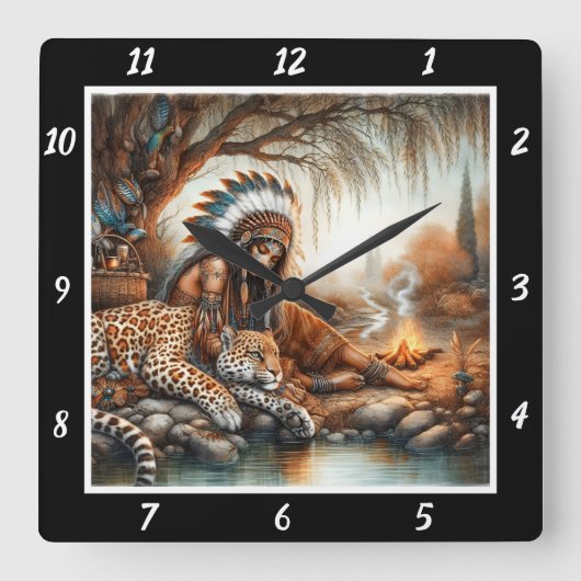 先住民スピリット：タイガーのハートストーンズウィスパー スクエア壁時計 (正面)