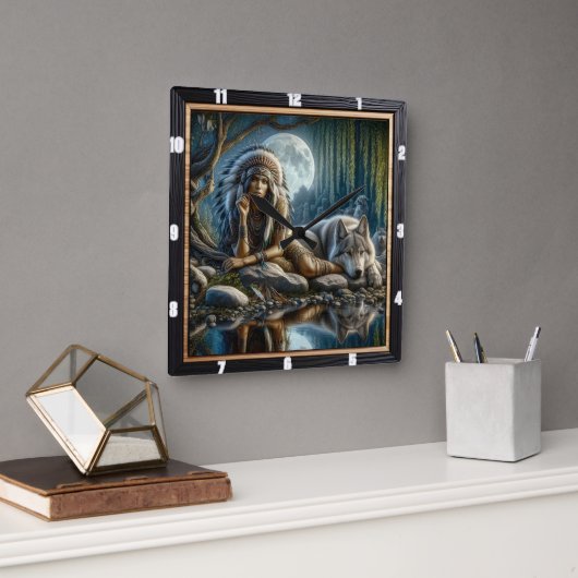 先住民スピリット：流れるストリーム黄金光 スクエア壁時計 (オフィス)