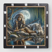 先住民スピリット：流れるストリーム黄金光 スクエア壁時計 (正面)