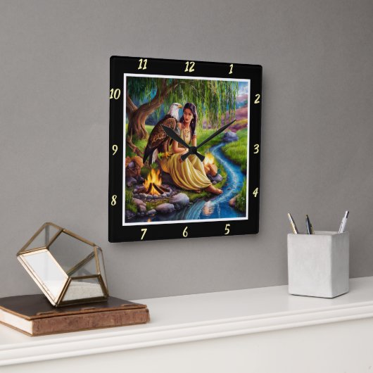 先住民トレイル:イーグルの足跡ウィローのウィスパー スクエア壁時計 (オフィス)