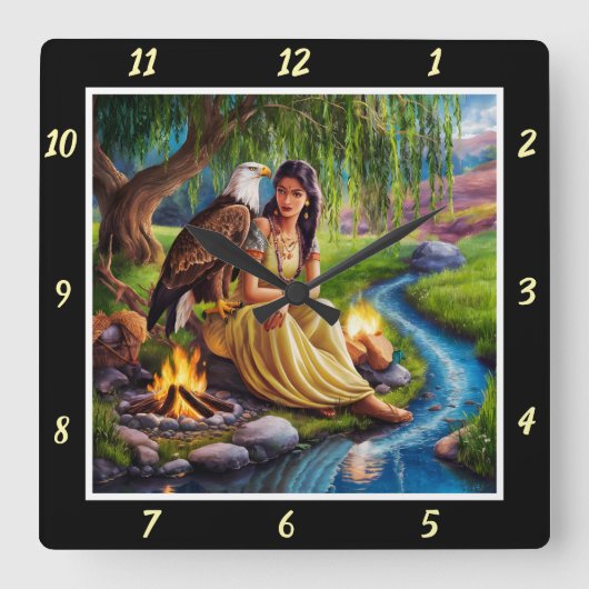 先住民トレイル:イーグルの足跡ウィローのウィスパー スクエア壁時計 (正面)