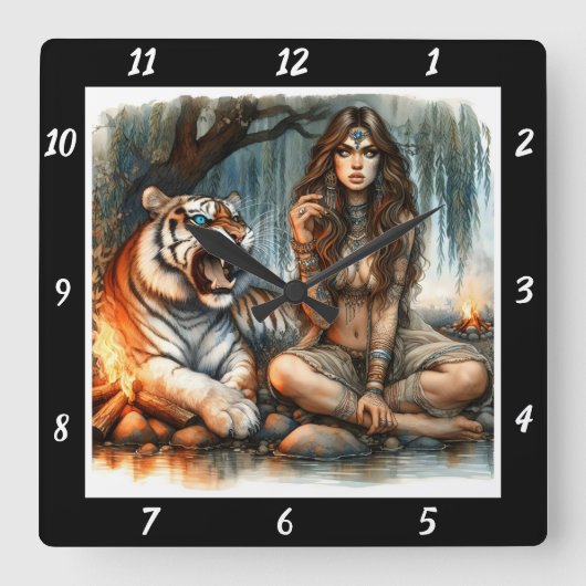 先住民トレイル:タイガーの足跡ウィローの囁き スクエア壁時計 (正面)