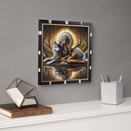 先住民ハース:柳の枝穏やかな平和 スクエア壁時計 (オフィス)