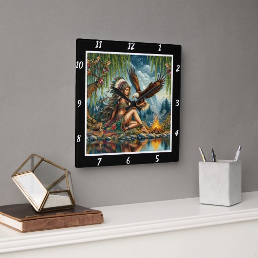 先住民ハート:イーグルの霊石の真実 スクエア壁時計 (オフィス)