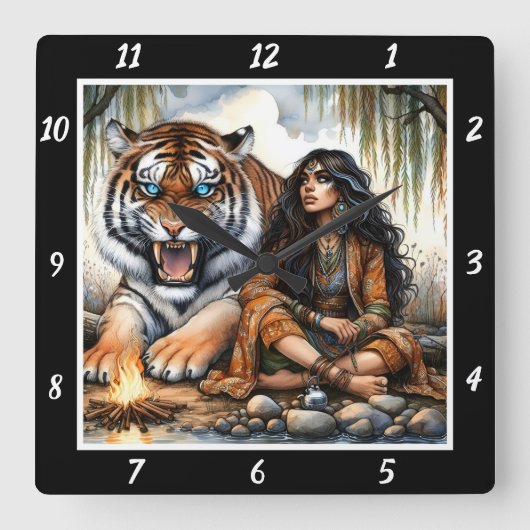 先住民ハート：タイガーの霊石の真実 スクエア壁時計 (正面)