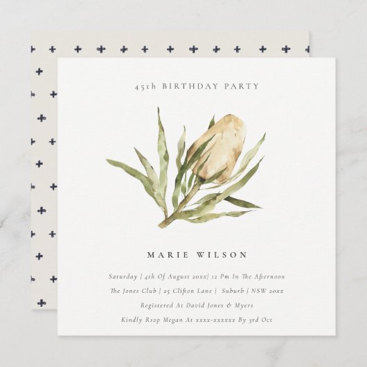 先住民バンクシアウォーターカラーフローラ任意の年齢誕生日 招待状 (正面/裏面)