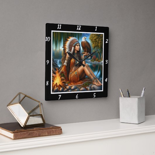 先住民ビジョン：イーグルズアイズマウンテンズミスト スクエア壁時計 (オフィス)