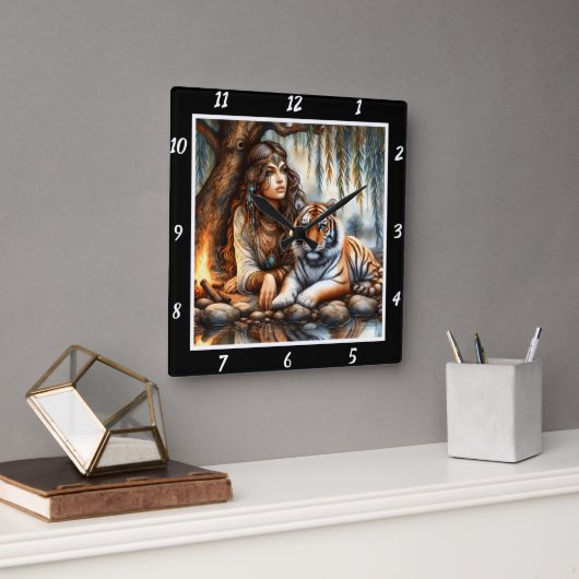 先住民ビジョン:タイガーのオーラ川の囁き スクエア壁時計 (オフィス)