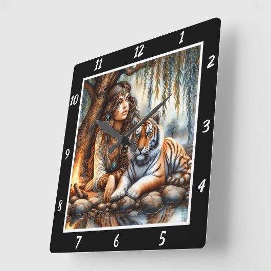 先住民ビジョン:タイガーのオーラ川の囁き スクエア壁時計 (傾斜)