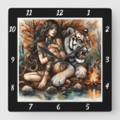 先住民ビジョン:タイガーの視線ムーンライトグレード スクエア壁時計 (正面)