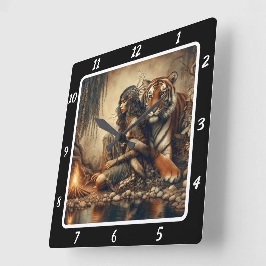 先住民ビジョン:ムーンライトグレードタイガーの視線 スクエア壁時計 (傾斜)