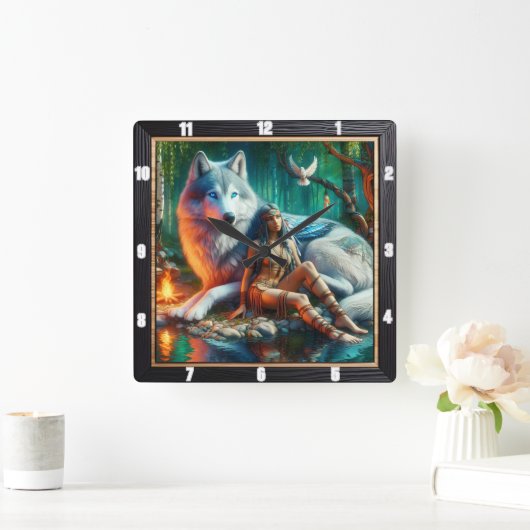 先住民ビジョン:月明かりの古代の知恵 スクエア壁時計 (ホーム)