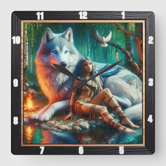 先住民ビジョン:月明かりの古代の知恵 スクエア壁時計 (正面)