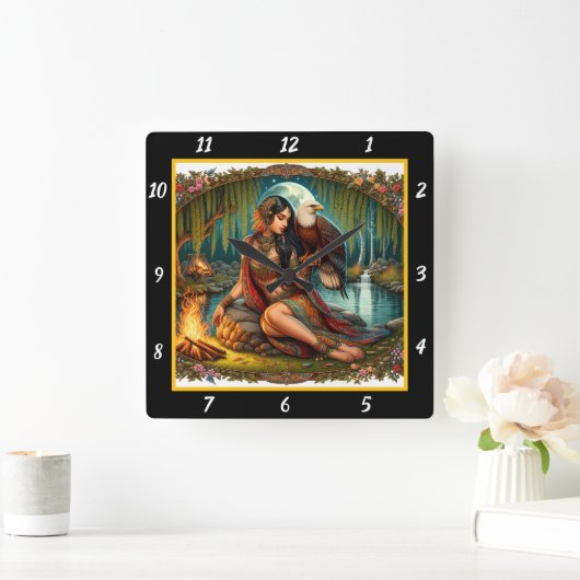 先住民ビスタス：イーグルのスパン森林の影 スクエア壁時計 (ホーム)