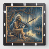 先住民リバーリズム:ワイルドウッドハートビート スクエア壁時計 (正面)