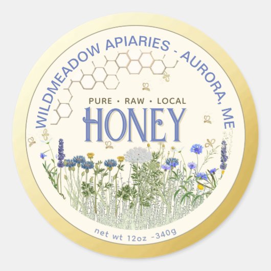 先住民ワイルドフラワーとハチ蜂蜜ラベル縁ど金ゴールド ラウンドシール (正面)