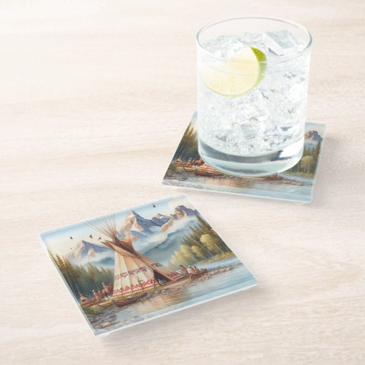 先住民伝統的インディアンテエペ自然シーンディ ガラスコースター (アングル)