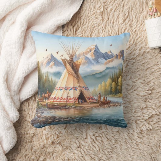 先住民伝統的インディアンテエペ自然シーンディ クッション (ブランケット)