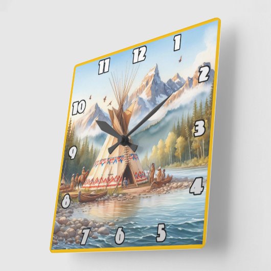 先住民伝統的インディアンテエペ自然シーンディ スクエア壁時計 (傾斜)