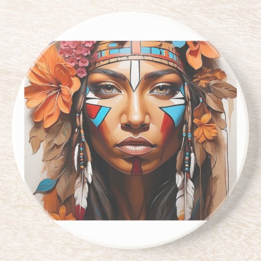 先住民女性の花と羽 コースター (正面)