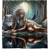 先住民女性共有狼と瞬間 シャワーカーテン (正面)