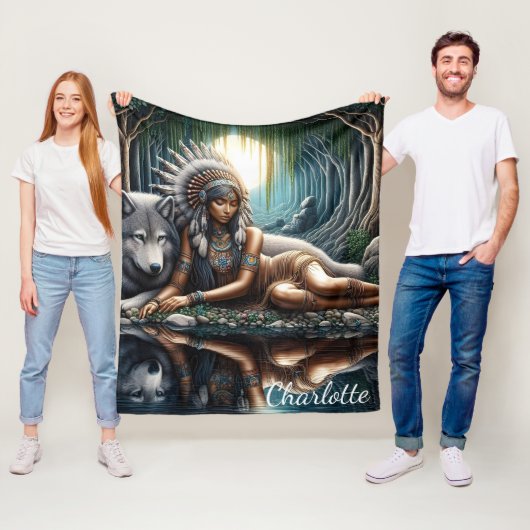 先住民女性共有狼と瞬間 フリースブランケット (インサイチュ)