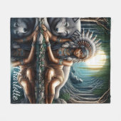 先住民女性共有狼と瞬間 フリースブランケット (正面(横))