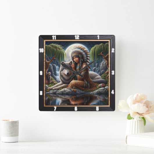 先住民平和：シルバームーンフォレストドリーム スクエア壁時計 (ホーム)