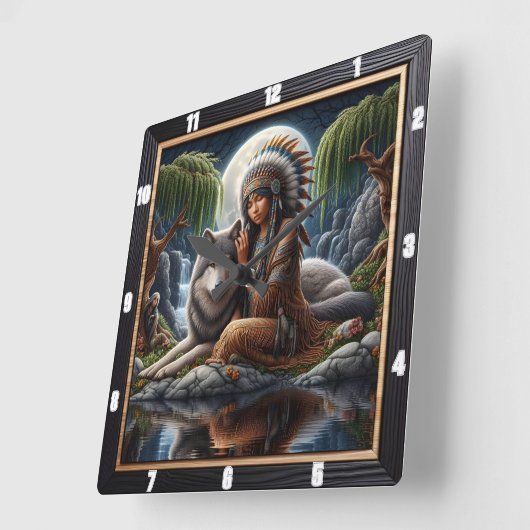 先住民平和：シルバームーンフォレストドリーム スクエア壁時計 (傾斜)