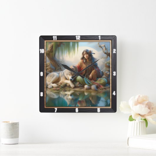 先住民星空の夜:パインズエコー落ち着く スクエア壁時計 (ホーム)