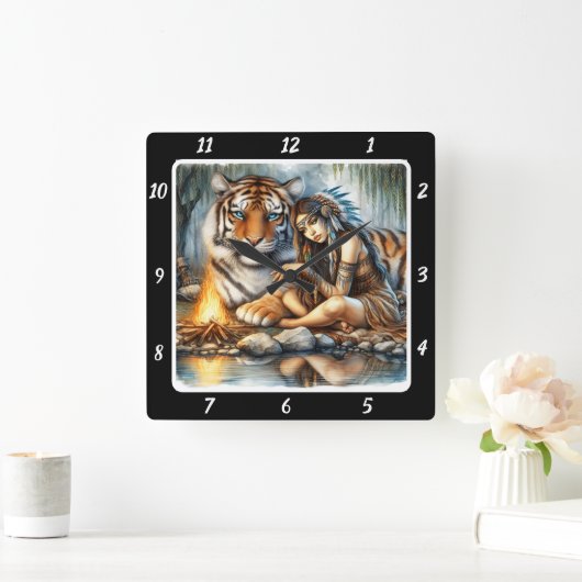 先住民聖域:川の流れ虎の視線 スクエア壁時計 (ホーム)