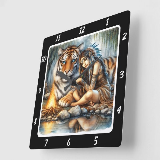 先住民聖域:川の流れ虎の視線 スクエア壁時計 (傾斜)