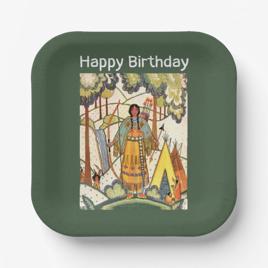 先住民西アメリカインディアン女性ウッズグリーン ペーパープレート (正面)