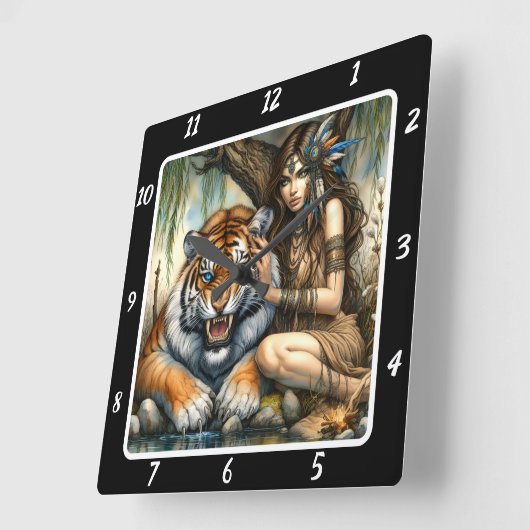 先住民陛下:タイガーの視線の川Calm スクエア壁時計 (傾斜)