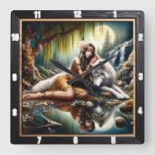 先住民風:ウィロー離れズダンスアート スクエア壁時計 (正面)