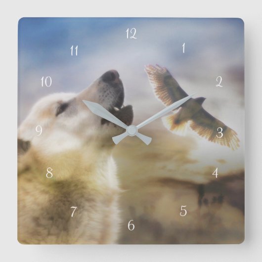 先住民・アメリカン・ウルフ・アンド・レッド・テール・タカ スクエア壁時計 (正面)
