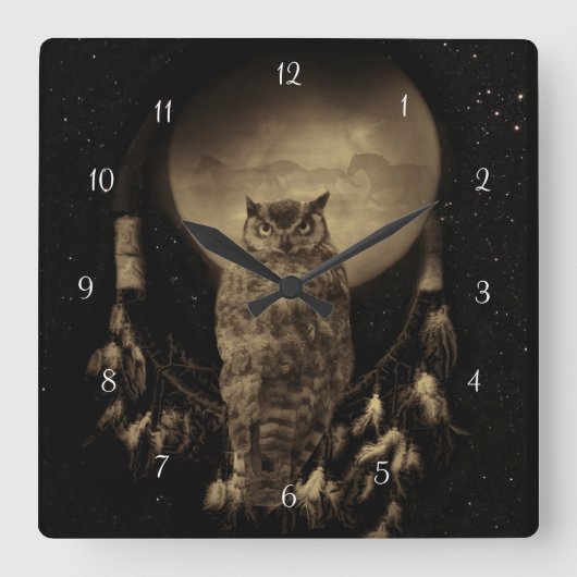 先住民・アメリカン・フクロウ・アンド・ドリームキャッチャー スクエア壁時計 (正面)