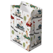 先史時代の恐竜カラフルの群れ ミディアムペーパーバッグ (正面アングル)