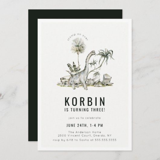 先史時代の恐竜テーマ誕生会 招待状 (正面/裏面)