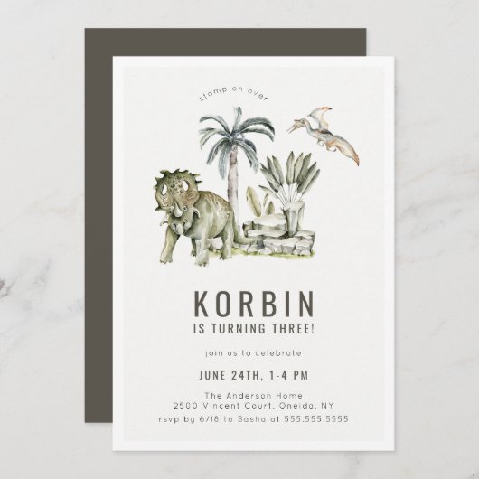 先史時代の恐竜テーマ誕生会 招待状 (正面/裏面)