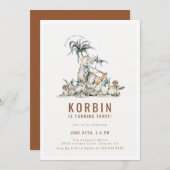 先史時代の恐竜テーマ誕生日パーティインビタティ 招待状 (正面/裏面)