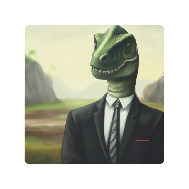 先史時代の恐竜ビジネスマン、おもしろいAI生成 メタルプリント (正面)