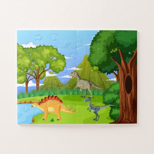 先史時代の森の子供の恐竜のおもしろい ジグソーパズル (横)